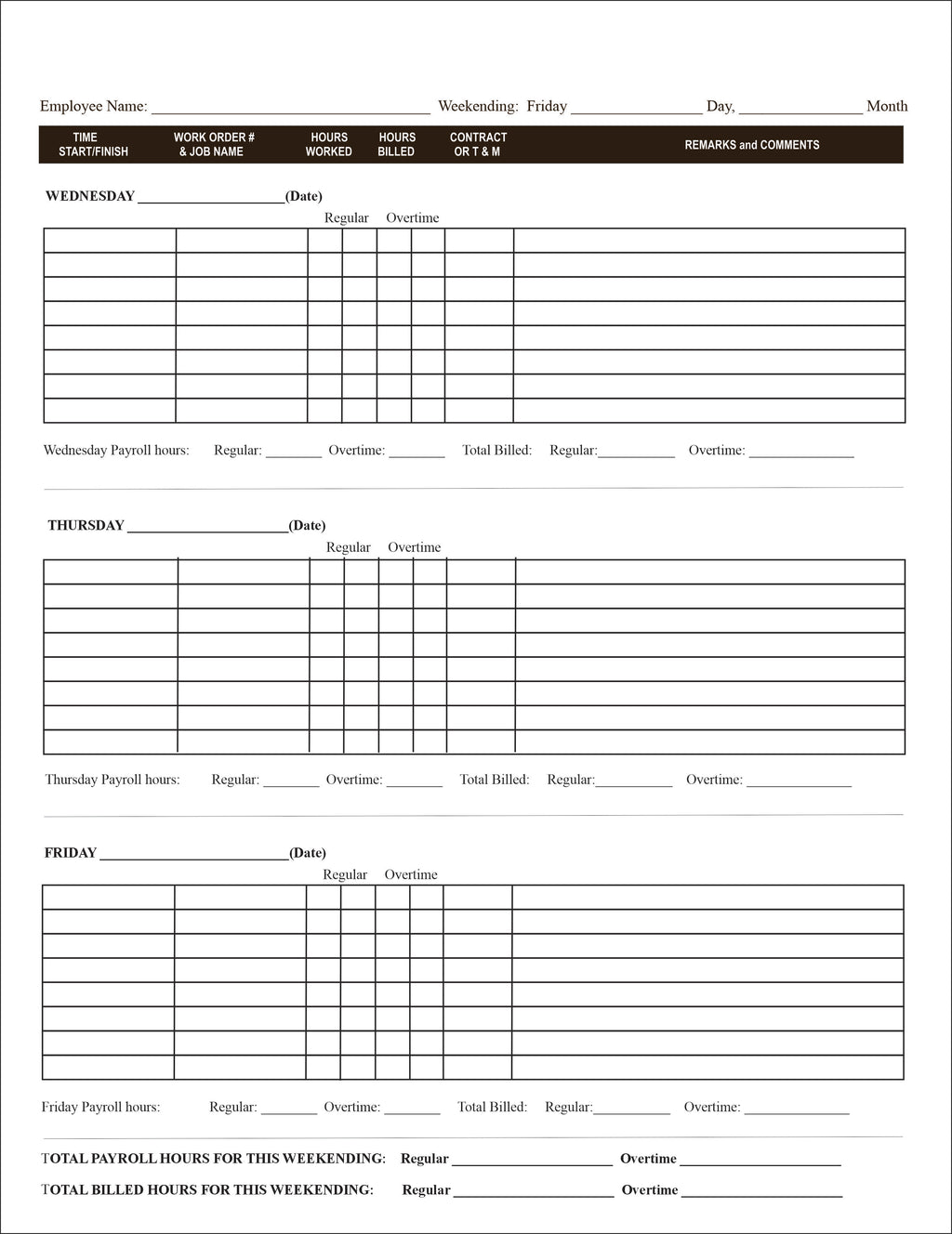 Plumbing Heating Time sheets