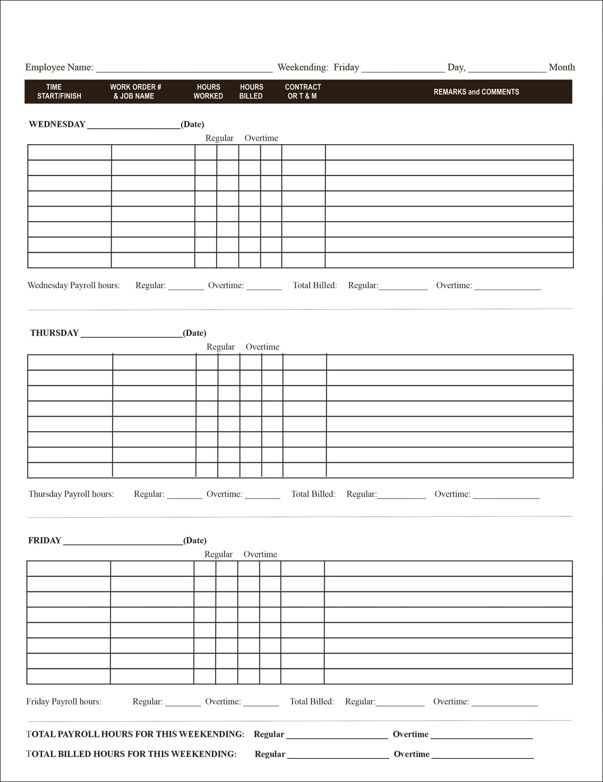 Plumbing Heating Time sheets