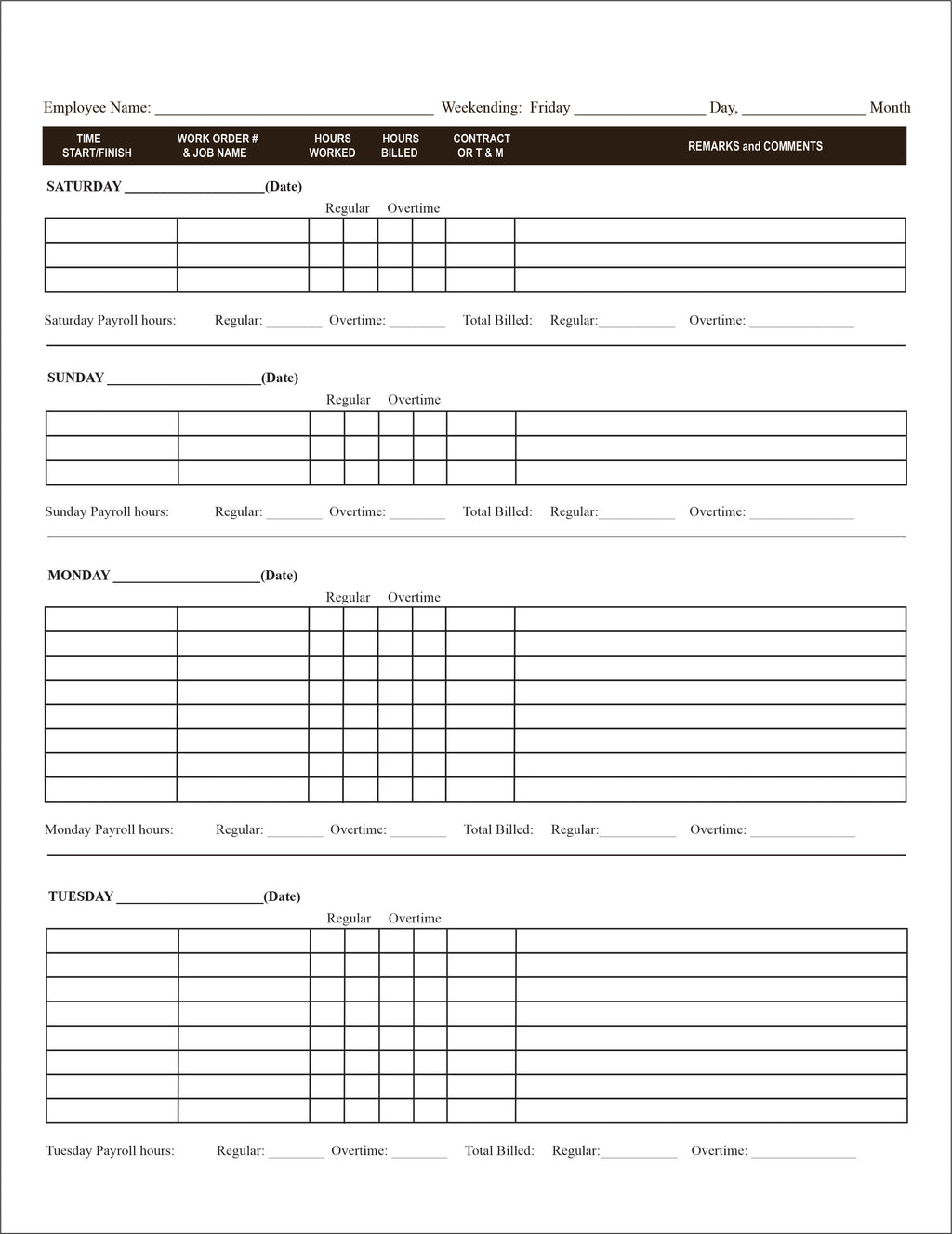 Plumbing Heating Time sheets
